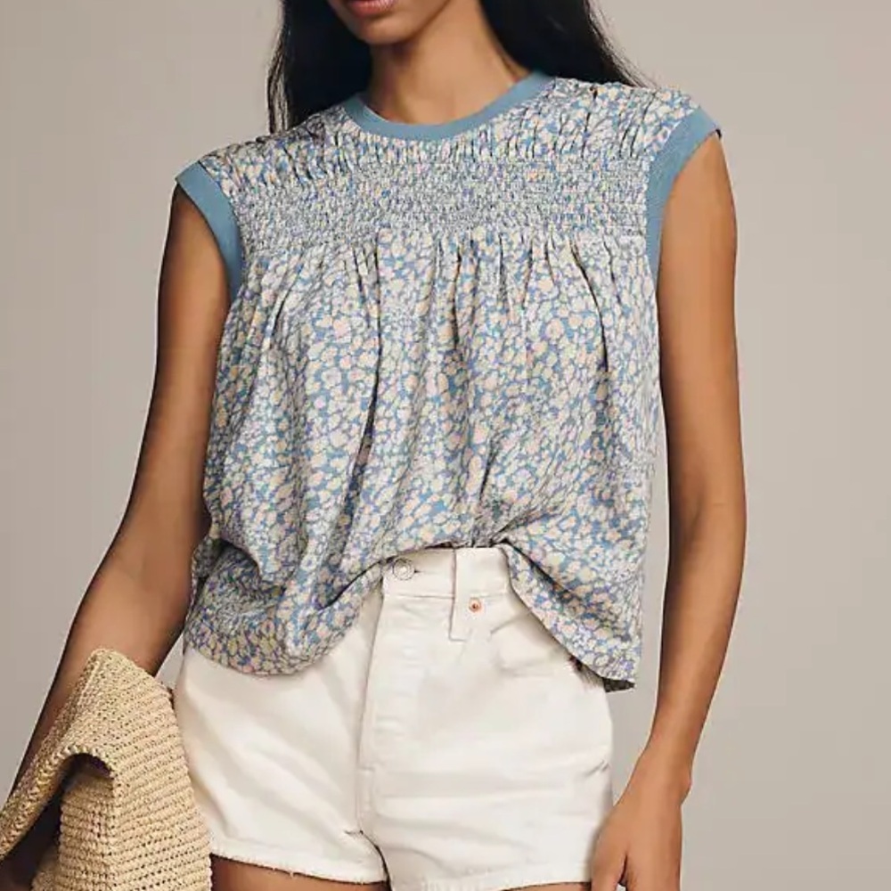 Anthropologie Blue Floral Smocked Cap-Sleeve Blouse